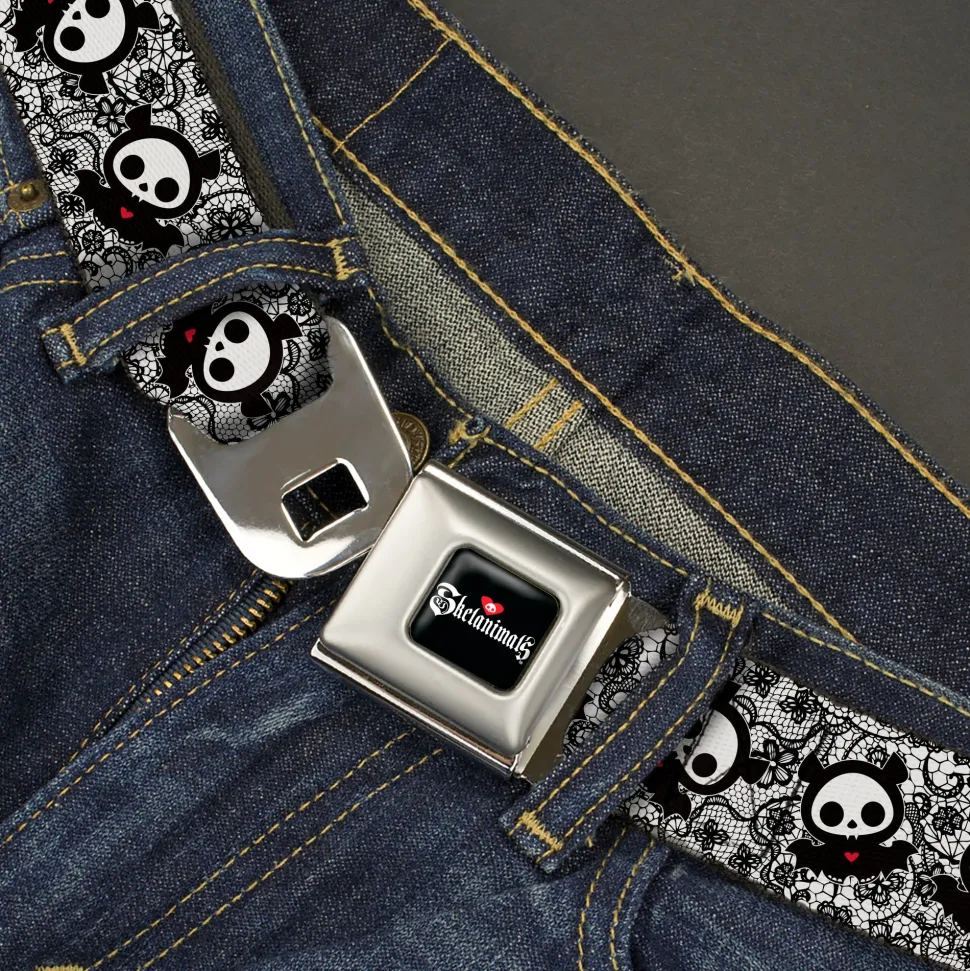 SKELANIMALS Title Logo Full Color Black/White/Red Seatbelt Belt - Skelanimals Diego the Bat Pose Lace Print White/Black Webbing