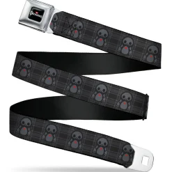 SKELANIMALS Title Logo Full Color Black/White/Red Seatbelt Belt - Skelanimals Pen the Penguin Pose Plaid Grays/Black Webbing