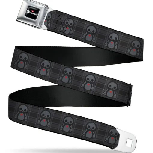 SKELANIMALS Title Logo Full Color Black/White/Red Seatbelt Belt - Skelanimals Pen the Penguin Pose Plaid Grays/Black Webbing