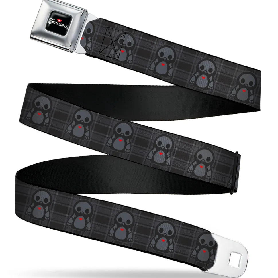SKELANIMALS Title Logo Full Color Black/White/Red Seatbelt Belt - Skelanimals Pen the Penguin Pose Plaid Grays/Black Webbing