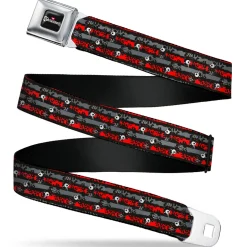 SKELANIMALS Title Logo Full Color Black/White/Red Seatbelt Belt - Skelanimals Bonita the Unicorn Poses Stripe Black/Red/Gray Webbing
