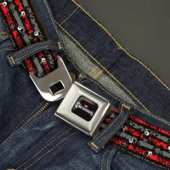 SKELANIMALS Title Logo Full Color Black/White/Red Seatbelt Belt - Skelanimals Bonita the Unicorn Poses Stripe Black/Red/Gray Webbing