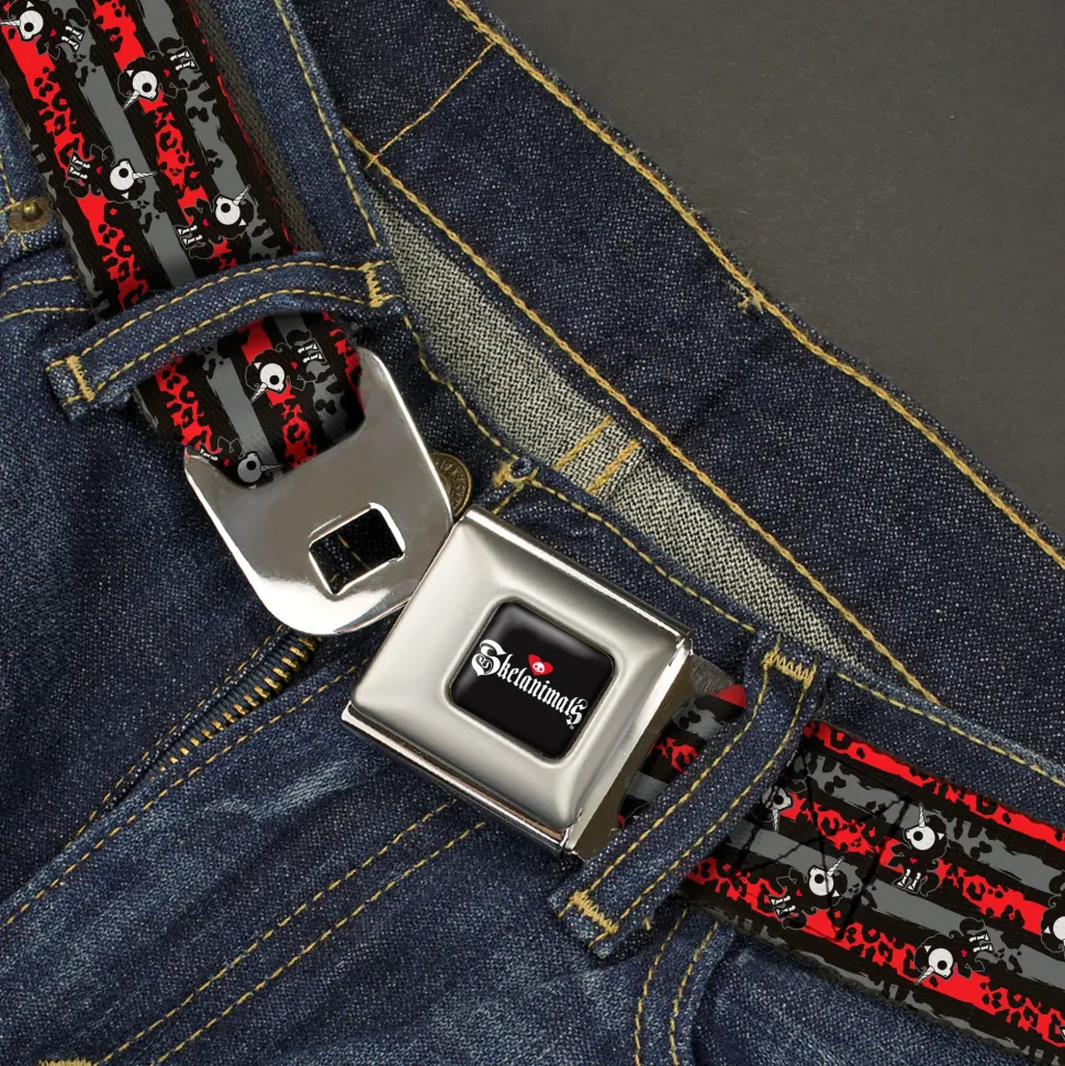 SKELANIMALS Title Logo Full Color Black/White/Red Seatbelt Belt - Skelanimals Bonita the Unicorn Poses Stripe Black/Red/Gray Webbing