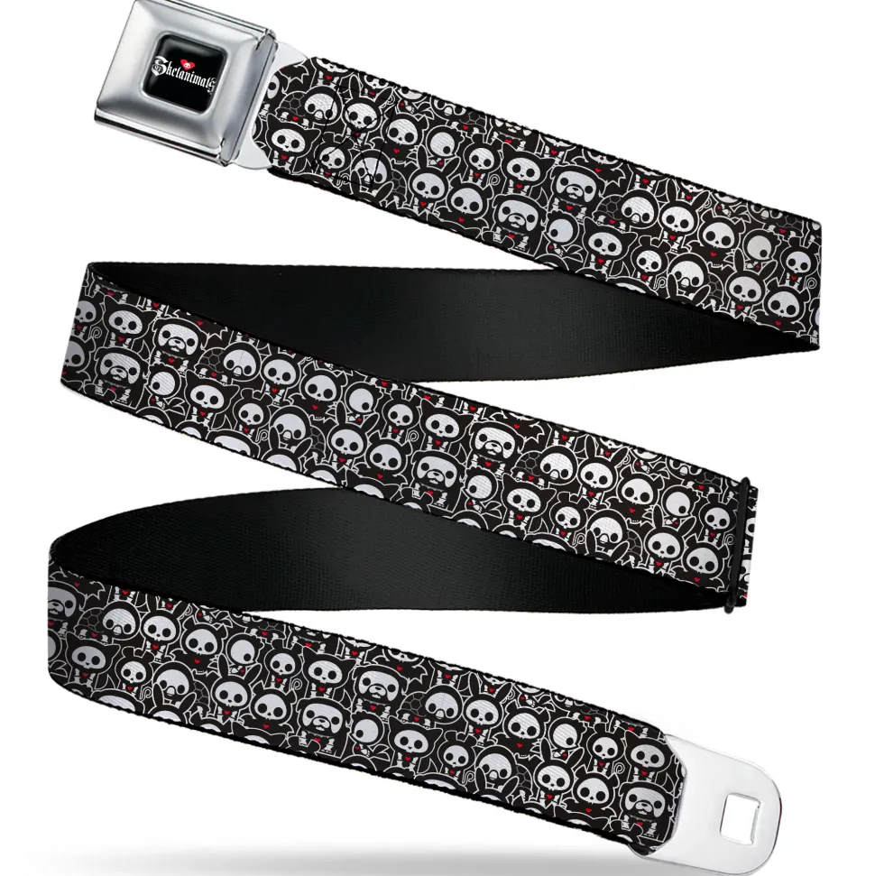 SKELANIMALS Title Logo Full Color Black/White/Red Seatbelt Belt - Skelanimals Animal Poses Stacked Black/White/Red Webbing