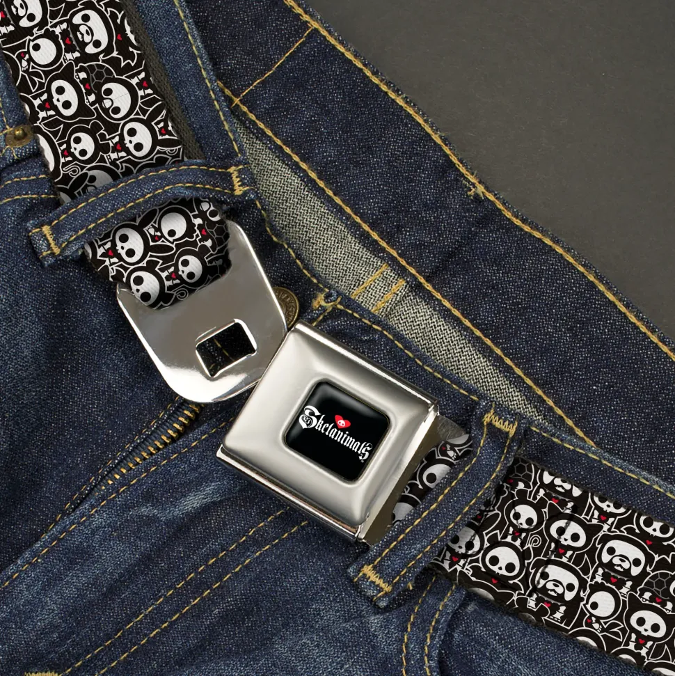 SKELANIMALS Title Logo Full Color Black/White/Red Seatbelt Belt - Skelanimals Animal Poses Stacked Black/White/Red Webbing