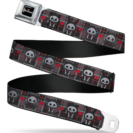 SKELANIMALS Title Logo Full Color Black/White/Red Seatbelt Belt - Skelanimals Five Animals and Face Logo Plaid Black/Red/White Webbing