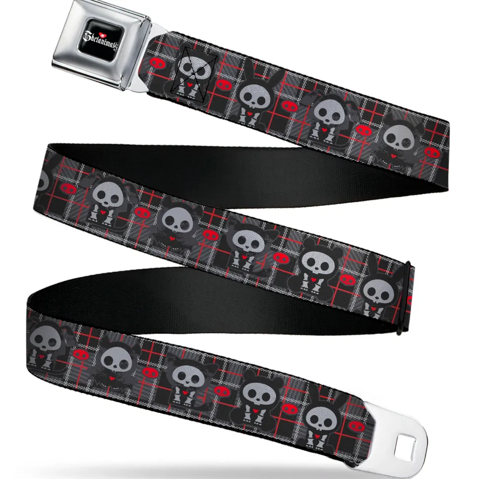 SKELANIMALS Title Logo Full Color Black/White/Red Seatbelt Belt - Skelanimals Five Animals and Face Logo Plaid Black/Red/White Webbing