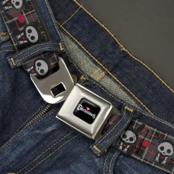 SKELANIMALS Title Logo Full Color Black/White/Red Seatbelt Belt - Skelanimals Five Animals and Face Logo Plaid Black/Red/White Webbing