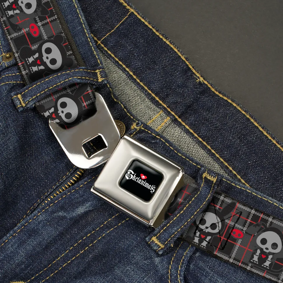 SKELANIMALS Title Logo Full Color Black/White/Red Seatbelt Belt - Skelanimals Five Animals and Face Logo Plaid Black/Red/White Webbing