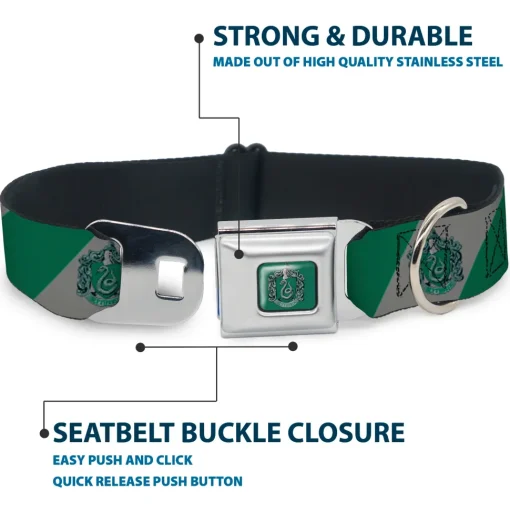 SLYTHERIN Crest Full Color Green Seatbelt Buckle Collar - SLYTHERIN Crest Diagonal Stripe Gray/Green