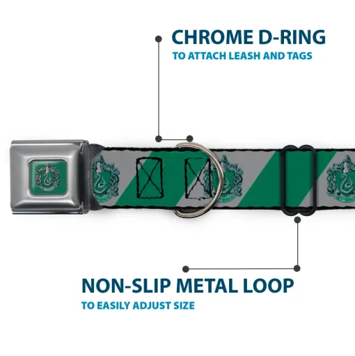 SLYTHERIN Crest Full Color Green Seatbelt Buckle Collar - SLYTHERIN Crest Diagonal Stripe Gray/Green