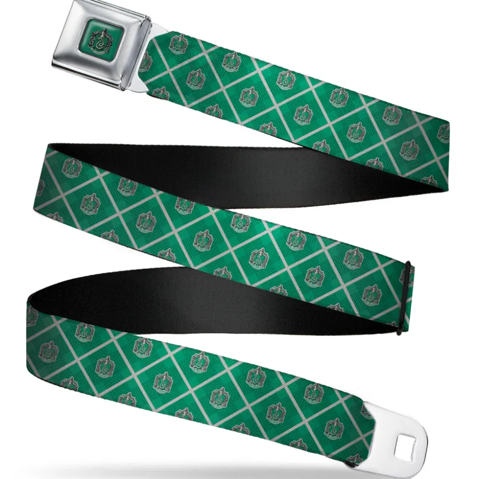 SLYTHERIN Crest Full Color Green Seatbelt Belt - Harry Potter Slytherin Crest Plaid Greens/Gray Webbing