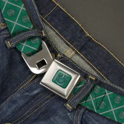 SLYTHERIN Crest Full Color Green Seatbelt Belt - Harry Potter Slytherin Crest Plaid Greens/Gray Webbing
