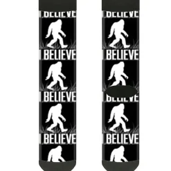 Sock Pair - Polyester - Bigfoot Silhouette I BELIEVE Black Gray White - CREW