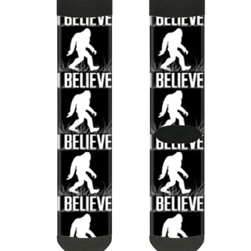 Sock Pair - Polyester - Bigfoot Silhouette I BELIEVE Black Gray White - CREW