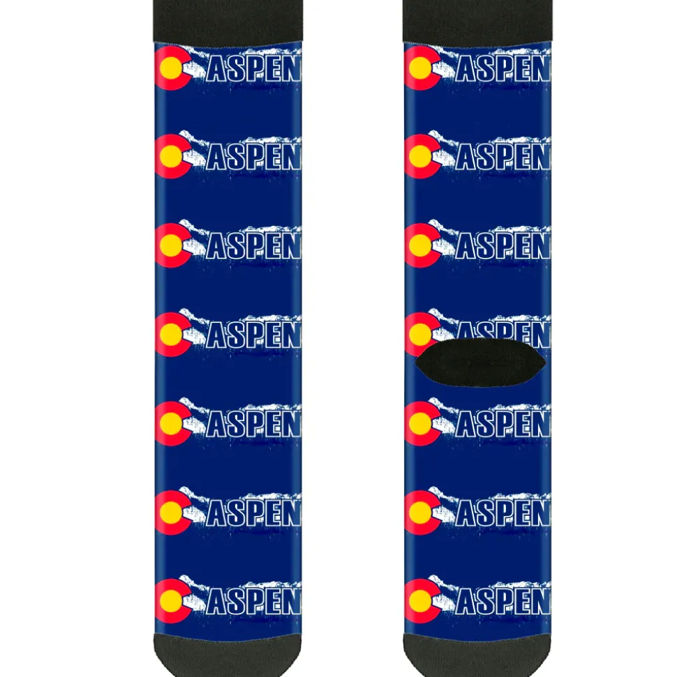 Sock Pair - Polyester - Colorado ASPEN Flag Snowy Mountains Weathered2 Blue White Red Yellows - CREW