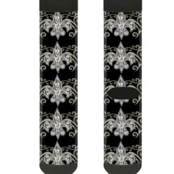Sock Pair - Polyester - Fleur-de-Lis w Filigree Black Gray - CREW