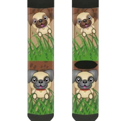 Sock Pair - Polyester - Pug Puppies Paw Prints Browns Greens - CREW