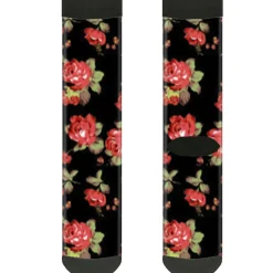 Sock Pair - Polyester - Red Roses Scattered Black - CREW