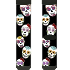 Sock Pair - Polyester - Staggered Sugar Skulls CLOSE-UP Black Multi Color - CREW