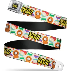 SOUTH PARK Title Logo Full Color Black/Yellow Seatbelt Belt - SOUTH PARK Title Logo and Characters Scattered White Webbing