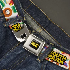 SOUTH PARK Title Logo Full Color Black/Yellow Seatbelt Belt - SOUTH PARK Title Logo and Characters Scattered White Webbing