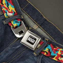 SOUTH PARK Title Logo Full Color Black/White Seatbelt Belt - South Park Cartman Camo Black/Red/Yellow/Blue Webbing