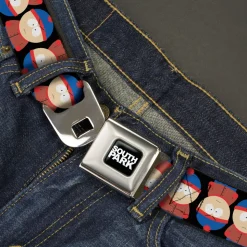SOUTH PARK Title Logo Full Color Black/White Seatbelt Belt - South Park Stan Flip Poses Black Webbing