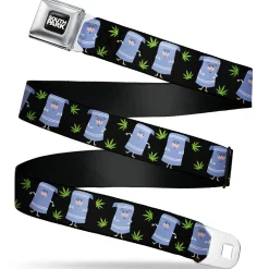 SOUTH PARK Title Logo Full Color Black/White Seatbelt Belt - South Park Towlie and Scattered Pot Leaves Black Webbing