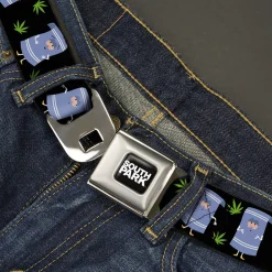 SOUTH PARK Title Logo Full Color Black/White Seatbelt Belt - South Park Towlie and Scattered Pot Leaves Black Webbing