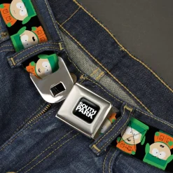 SOUTH PARK Title Logo Full Color Black/White Seatbelt Belt - South Park Kyle Flip Poses Black Webbing