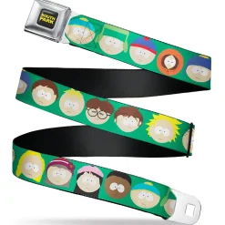 SOUTH PARK Title Logo Full Color Black/Yellow Seatbelt Belt - South Park Kids Faces Green Webbing