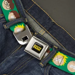 SOUTH PARK Title Logo Full Color Black/Yellow Seatbelt Belt - South Park Kids Faces Green Webbing