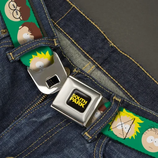 SOUTH PARK Title Logo Full Color Black/Yellow Seatbelt Belt - South Park Kids Faces Green Webbing
