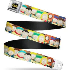 SOUTH PARK Title Logo Full Color Black/Yellow Seatbelt Belt - South Park School Kids Faces Stacked Webbing