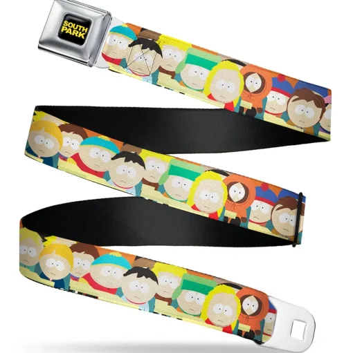 SOUTH PARK Title Logo Full Color Black/Yellow Seatbelt Belt - South Park School Kids Faces Stacked Webbing