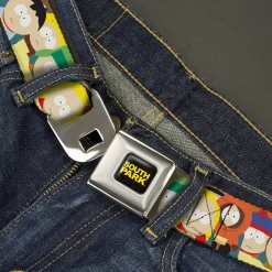 SOUTH PARK Title Logo Full Color Black/Yellow Seatbelt Belt - South Park School Kids Faces Stacked Webbing