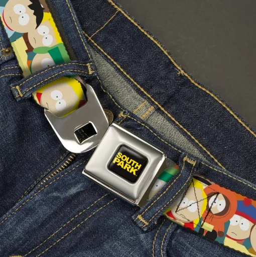 SOUTH PARK Title Logo Full Color Black/Yellow Seatbelt Belt - South Park School Kids Faces Stacked Webbing