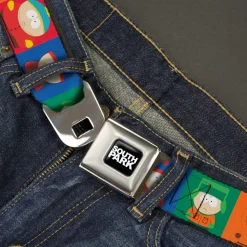 SOUTH PARK Title Logo Full Color Black/White Seatbelt Belt - South Park Boys Pose Blocks Multi Color Webbing