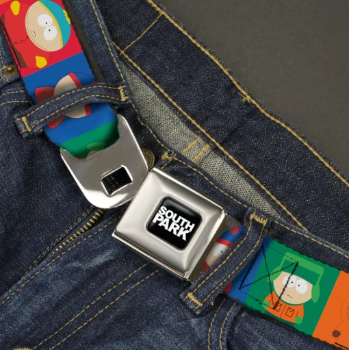 SOUTH PARK Title Logo Full Color Black/White Seatbelt Belt - South Park Boys Pose Blocks Multi Color Webbing