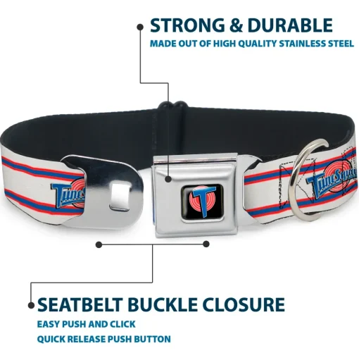 Space Jam Tune Squad Icon Full Color Black/Red/Blue Seatbelt Buckle Collar - Space Jam TUNE SQUAD Logo Stripe White/Red/Blue