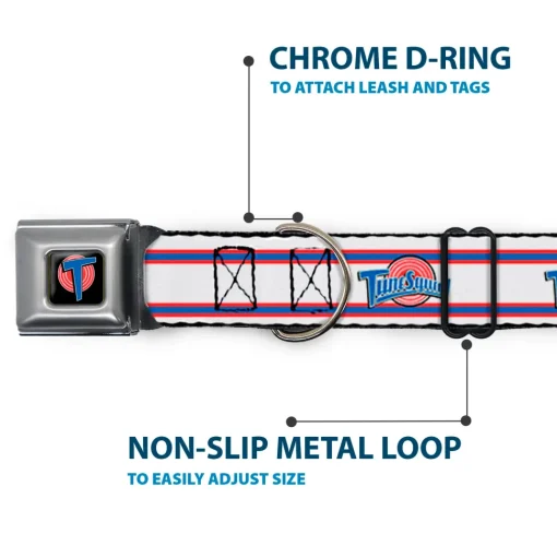 Space Jam Tune Squad Icon Full Color Black/Red/Blue Seatbelt Buckle Collar - Space Jam TUNE SQUAD Logo Stripe White/Red/Blue