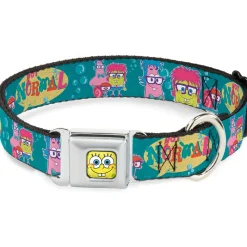 Sponge Bob Face CLOSE-UP Full Color Seatbelt Buckle Collar - Patrick, SpongeBob & Gary NOT NORMAL Aqua