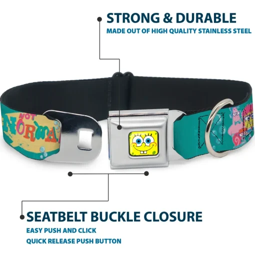 Sponge Bob Face CLOSE-UP Full Color Seatbelt Buckle Collar - Patrick, SpongeBob & Gary NOT NORMAL Aqua