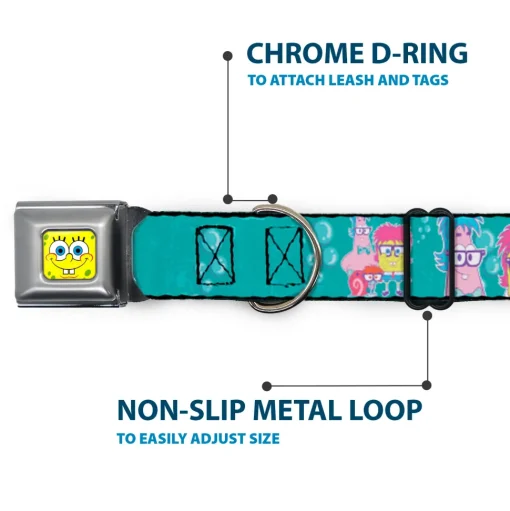 Sponge Bob Face CLOSE-UP Full Color Seatbelt Buckle Collar - Patrick, SpongeBob & Gary NOT NORMAL Aqua