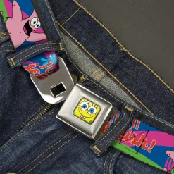 Sponge Bob Face CLOSE-UP Full Color Seatbelt Belt - Nerd SpongeBob & Patrick Starfish Running JUMPIN' JELLYFISH! Multi Color/Red Webbing