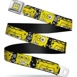Sponge Bob Face CLOSE-UP Full Color Seatbelt Belt - SpongeBob 4-CLOSE-UP Expressions/Crackle Black/Gray/Yellow Webbing