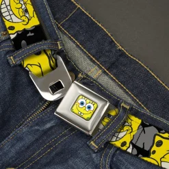 Sponge Bob Face CLOSE-UP Full Color Seatbelt Belt - SpongeBob 4-CLOSE-UP Expressions/Crackle Black/Gray/Yellow Webbing