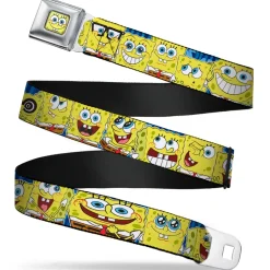 Sponge Bob Face CLOSE-UP Full Color Seatbelt Belt - SpongeBob Expressions Stripe Blue Webbing