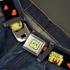 Sponge Bob Face CLOSE-UP Full Color Seatbelt Belt - SpongeBob Love Eyes/Hearts Black/Red Webbing
